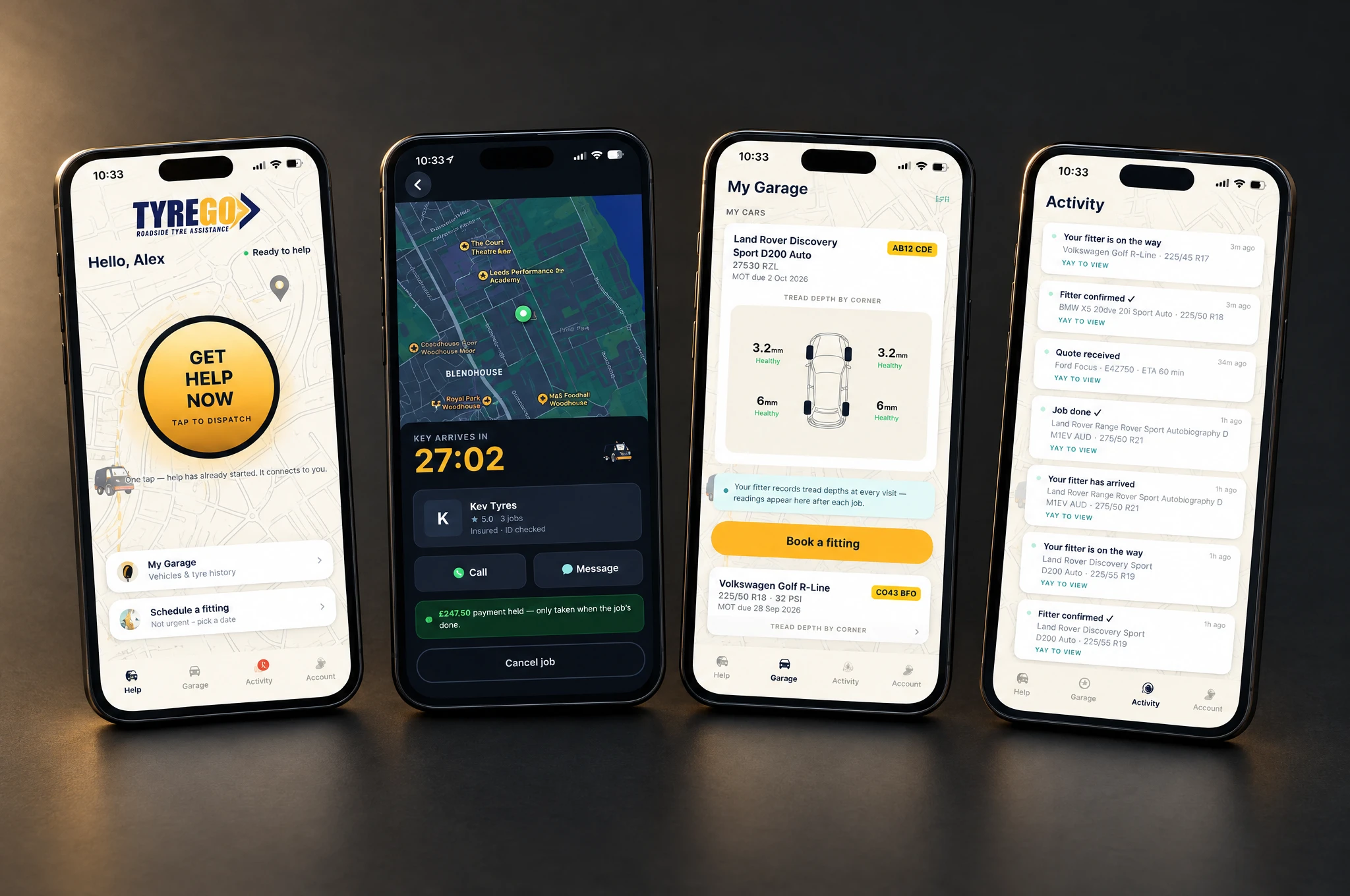 From a flat tyre to help on the way. App screens displayed on phones.