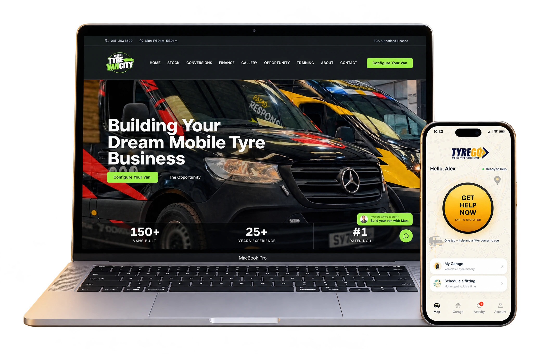 Mobile Tyre Van City website on a MacBook alongside the TyreGo app on a phone, both built by Gajo Creative
